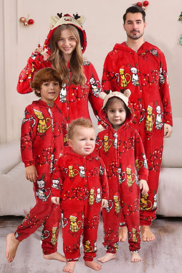Red One Piece Cat Pattern Hooded Christmas Matching Family Pajamas